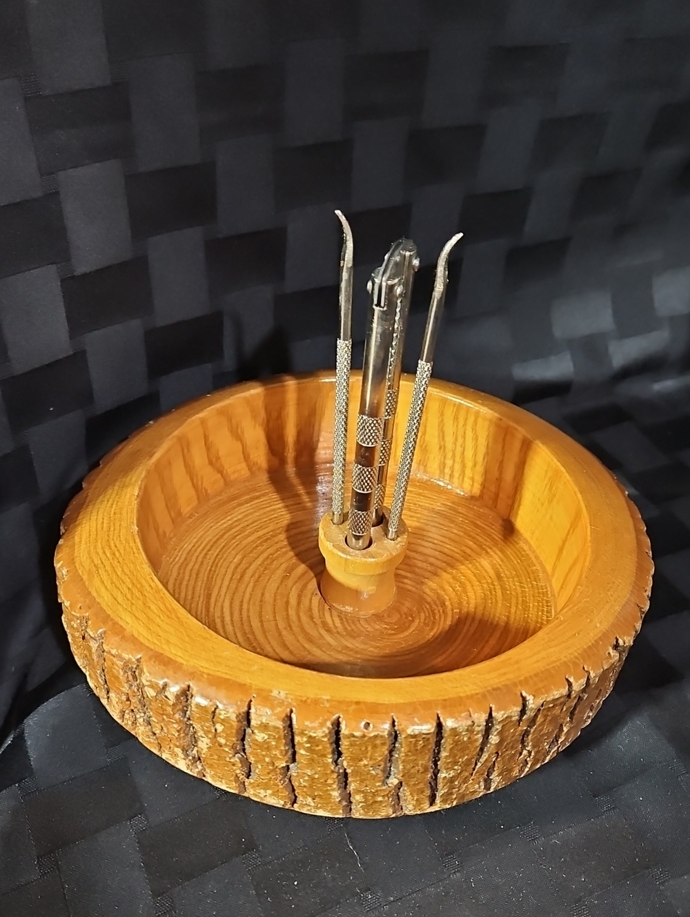 Vintage Mid-Century Live Edge Tree Bark Nutcracker Bowl Set